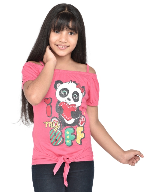 

ORANGE PUMPKKIN Girls Pink & White Printed Pure Cotton Top