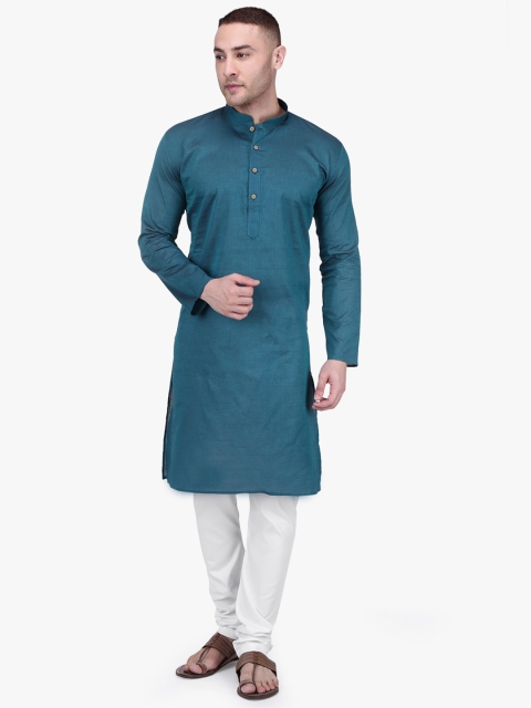 

RAJUBHAI HARGOVINDAS Men Teal Blue Solid Straight Handloom Kurta