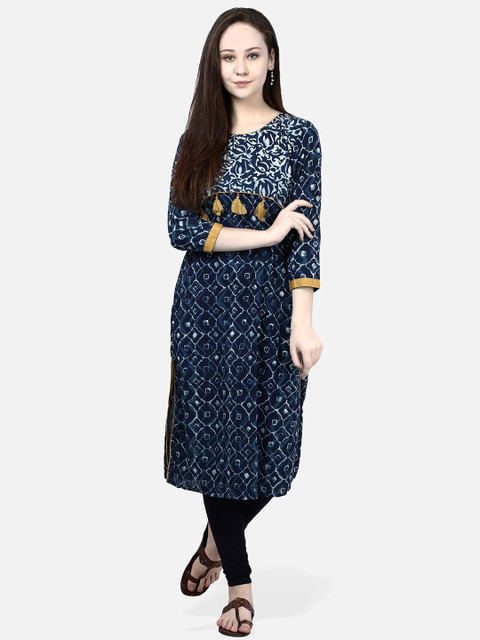 

Molcha Women Blue & White Hand Block Printed Straight Pure Cotton Kurta