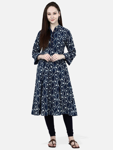 

Molcha Women Blue Printed A-Line Cotton Kurta