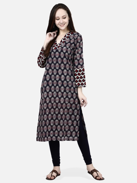 

Molcha Women Navy Blue & Maroon Printed Straight Kurta