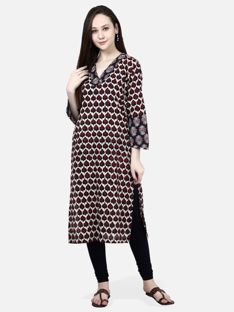 

Molcha Women White & Maroon Printed Straight Kurta