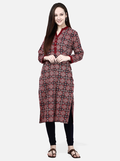 

Molcha Women Maroon & Black Ajrak Printed Straight Kurta