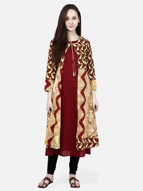 

Molcha Women Maroon & Yellow Solid Cotton A-Line Kurta