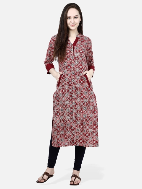 

Molcha Women Maroon & White Printed Straight Kurta