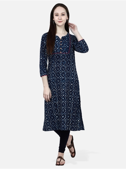 

Molcha Women Blue & White Hand Block Printed A-Line Pure Cotton Kurta