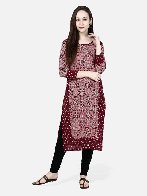 

Molcha Women Maroon & White Printed Straight Kurta