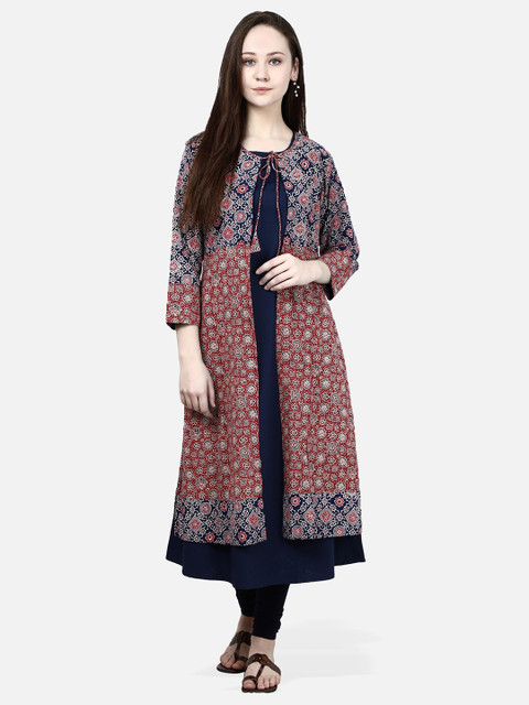 

Molcha Women Blue & Maroon Printed Layered Anarkali Kurta