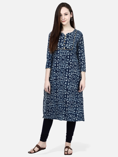 

Molcha Women Blue & White Hand Block Printed A-Line Pure Cotton Kurta