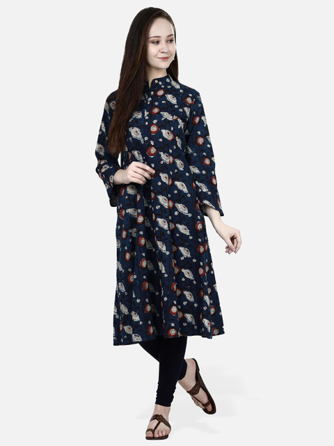 

Molcha Women Navy Blue Printed Cotton A-Line Kurta