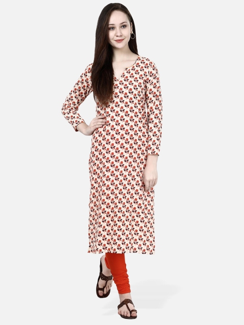 

Molcha Women Off-White & Orange Ajrak Printed Cotton Straight Kurta