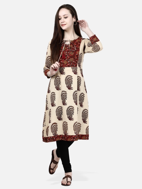 

Molcha Women Beige & Maroon Printed A-Line Kurta