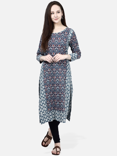 

Molcha Women Blue & Red Ajrak Printed Straight Pure Cotton Kurta