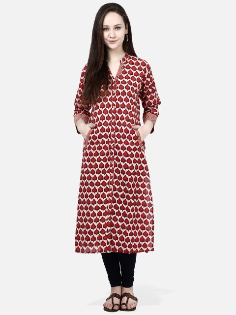 

Molcha Women White & Maroon Printed Cotton Straight Kurta