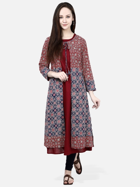 

Molcha Women Navy Blue & Maroon Printed Straight Kurta with Longline Ethnic Shrug
