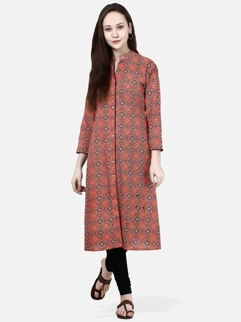 

Molcha Women Orange & Black Printed Straight Kurta