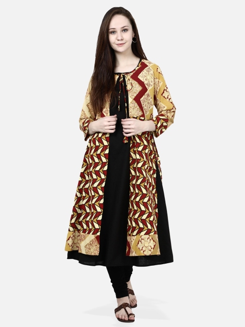 

Molcha Women Yellow & Maroon Printed Anarkali Kurta, Black