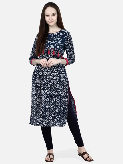 

Molcha Women Blue & White Hand Block Printed Straight Pure Cotton Kurta