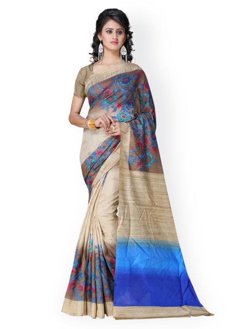 

Satrani Beige & Blue Bhagalpuri Art Silk Floral Print Saree