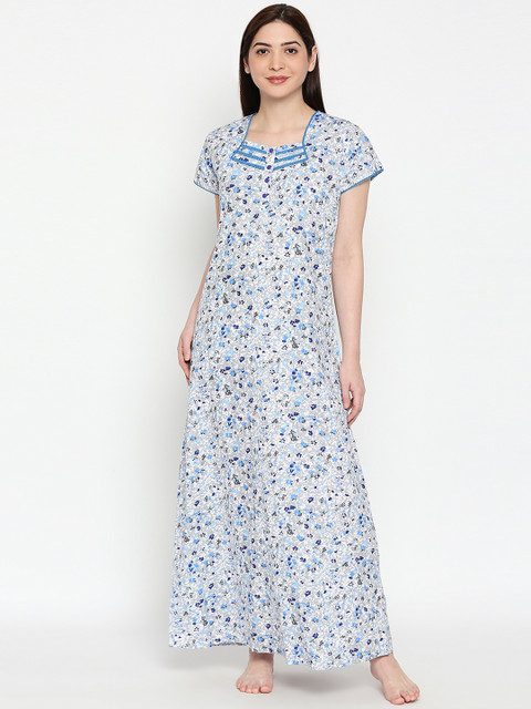 

XIN Women Blue & White Printed Maxi Nightdress