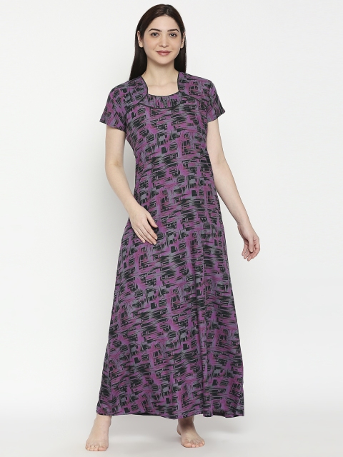 

XIN Women Purple & Black Printed Maxi Nightdress