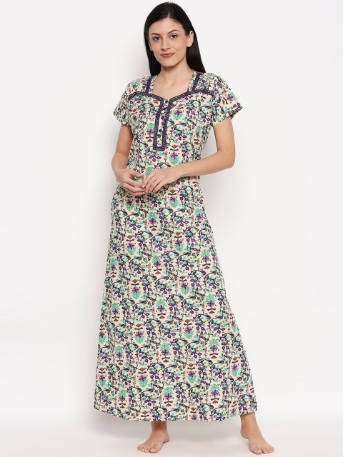 

XIN Women Purple & Beige Floral Printed Maxi Nightdress