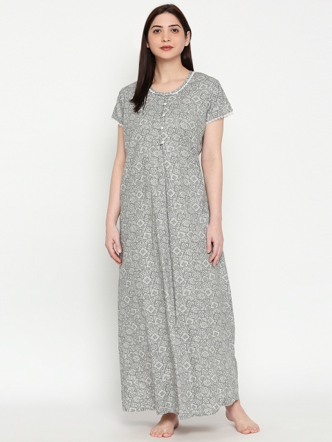 

XIN Women Grey & White Printed Maxi Nightdress