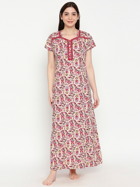 

XIN Women Beige & Red Floral Printed Full-Length Nightdress