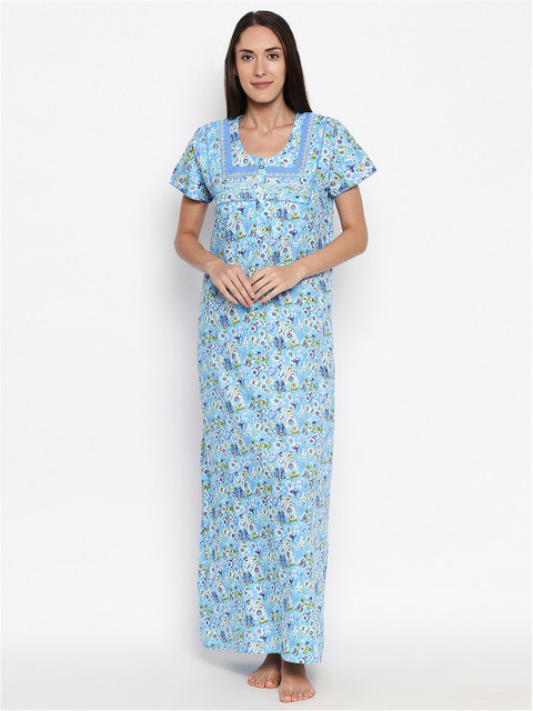 

XIN Women Blue & White Printed Maxi Nightdress