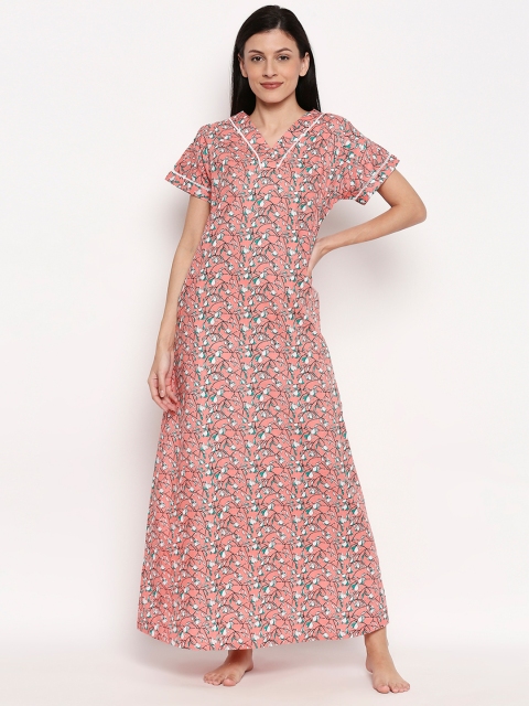 

XIN Women Peach-Colour & White Printed Maxi Nightdress
