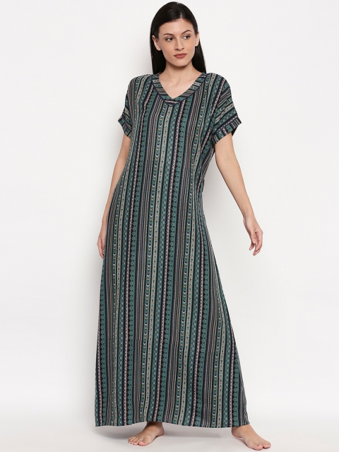 

XIN Women Green & Black Printed Maxi Nightdress