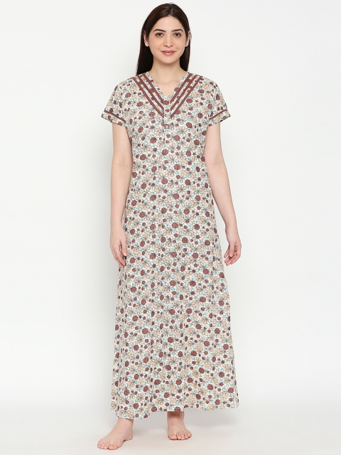 

XIN Women Brown & White Printed Maxi Nightdress