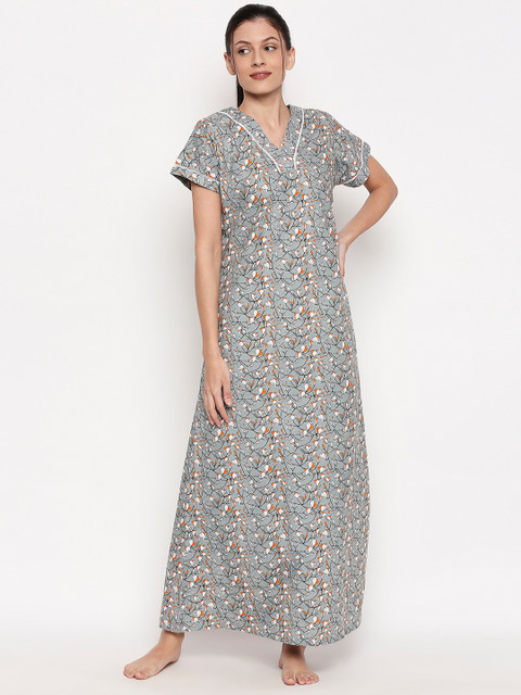 

XIN Women Grey & White Printed Maxi Nightdress