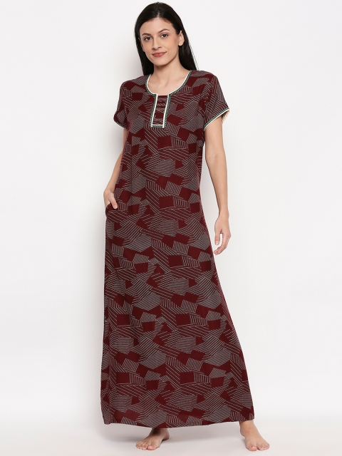 

XIN Women Maroon & Grey Printed Maxi Nightdress