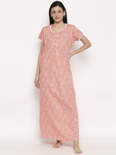 

XIN Women Peach-Colour & White Printed Maxi Nightdress