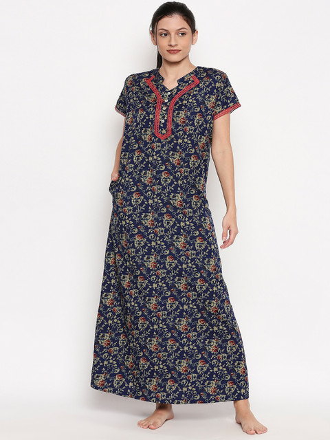 

XIN Women Navy-Blue & Green Printed Maxi Nightdress