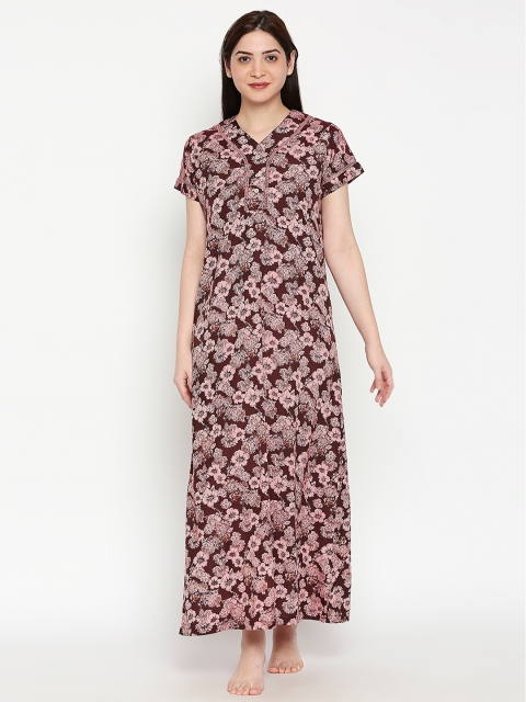 

XIN Women Brown & Pink Printed Maxi Nightdress