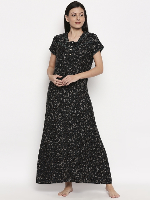 

XIN Women Black & Green Printed Maxi Nightdress