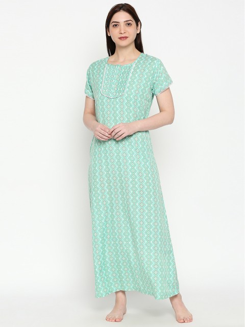 

XIN Women Sea-Green & White Printed Maxi Nightdress