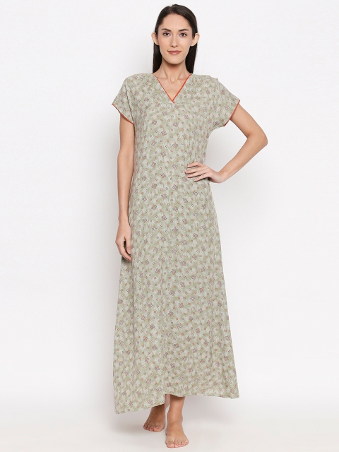 

XIN Women Green & Grey Printed Maxi Nightdress