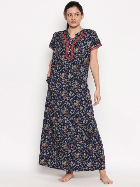 

XIN Women Blue & Green Printed Maxi Nightdress
