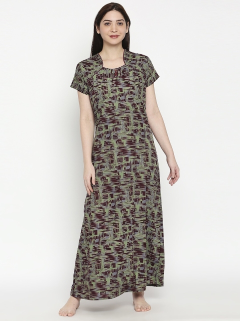

XIN Women Green & Maroon Printed Maxi-Length Nightdress
