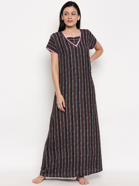 

XIN Women Navy Blue & Burgundy Printed Maxi Nightdress