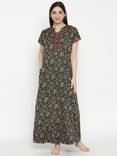 

XIN Women Green & Red Floral Printed Maxi Length Nightdress