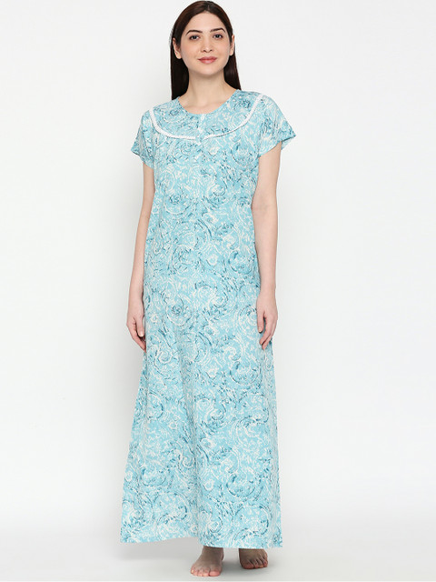 

XIN Women Blue & White Printed Full-Length Nightdress