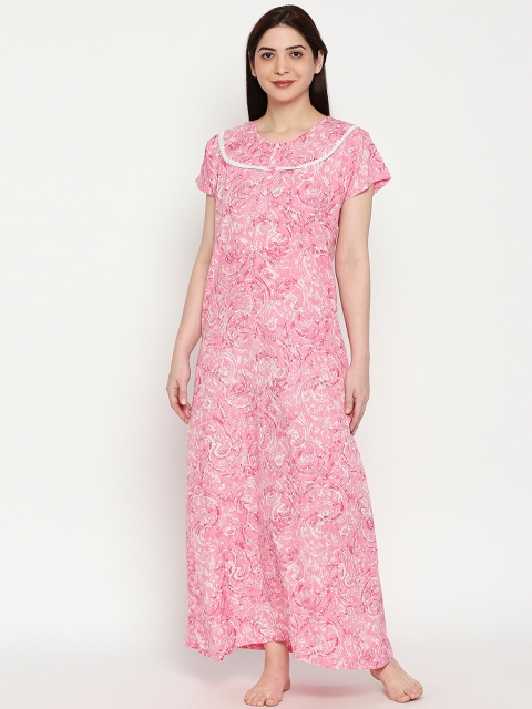 

XIN Women Pink & White Printed Maxi Nightdress