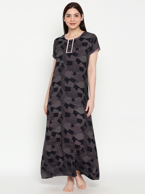 

XIN Women Navy Blue & White Abstract Printed Nightdress