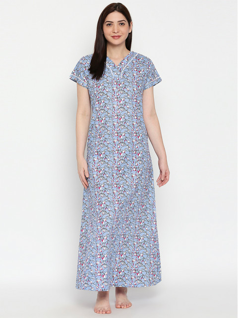 

XIN Women Blue & White Printed Maxi Nightdress