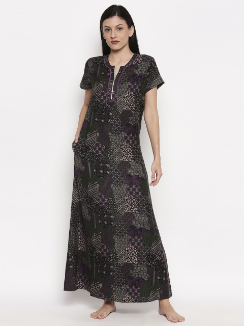 

XIN Women Black & Purple Printed Maxi-Length Nightdress
