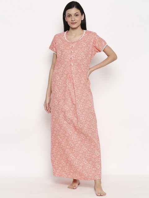 

XIN Women Peach-Colored & White Printed Nightdress